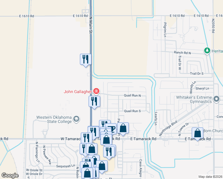 map of restaurants, bars, coffee shops, grocery stores, and more near 224 Pheasant Circle in Altus