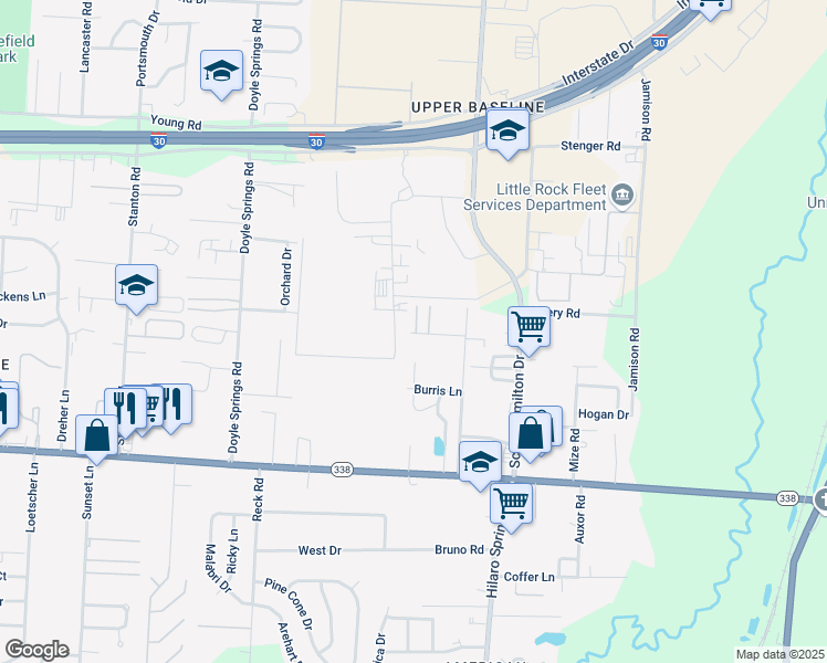 map of restaurants, bars, coffee shops, grocery stores, and more near 3830 Spencer Lane in Little Rock