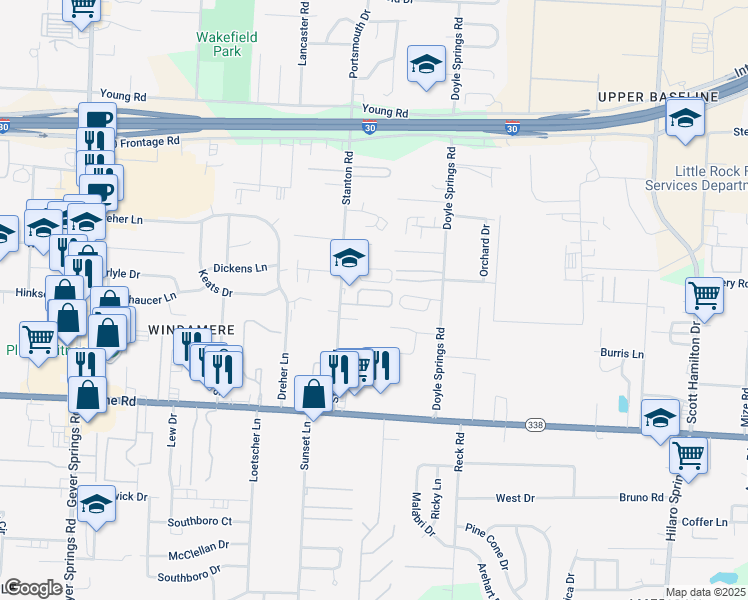 map of restaurants, bars, coffee shops, grocery stores, and more near 4726 Manchester Drive in Little Rock