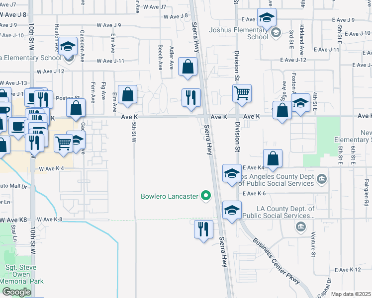 map of restaurants, bars, coffee shops, grocery stores, and more near 43357 Sierra Highway in Lancaster