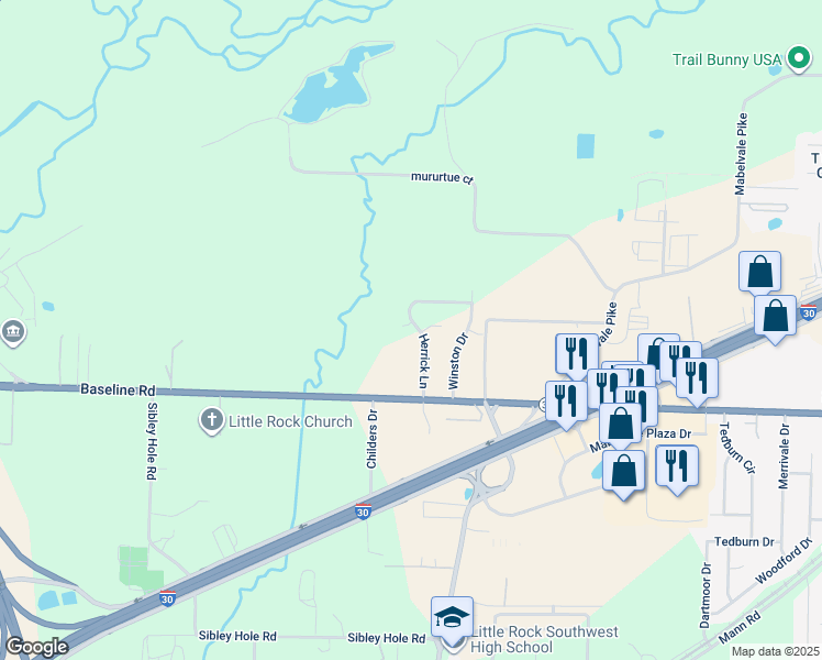 map of restaurants, bars, coffee shops, grocery stores, and more near 9423 McDonald Drive in Little Rock