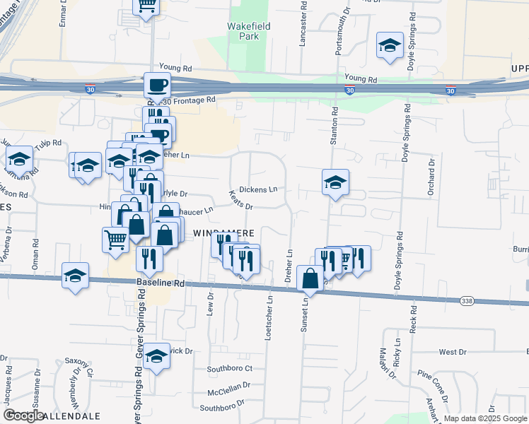 map of restaurants, bars, coffee shops, grocery stores, and more near 5305 Keats Drive in Little Rock