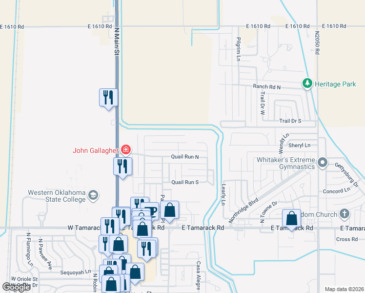 map of restaurants, bars, coffee shops, grocery stores, and more near 412 Pheasant Circle in Altus