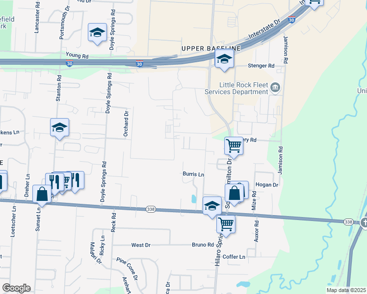 map of restaurants, bars, coffee shops, grocery stores, and more near 3830 Spencer Lane in Little Rock