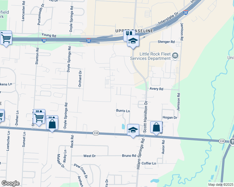 map of restaurants, bars, coffee shops, grocery stores, and more near 3830 Spencer Lane in Little Rock