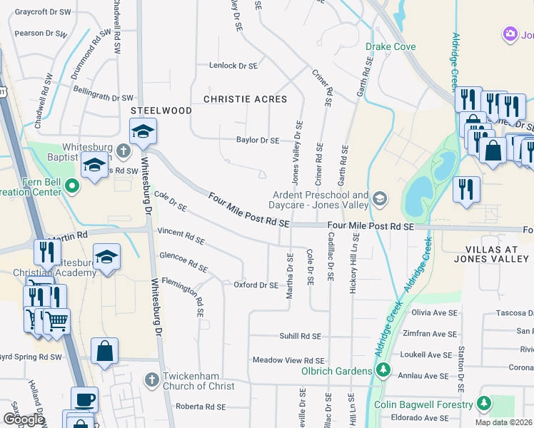 map of restaurants, bars, coffee shops, grocery stores, and more near 707 Four Mile Post Road Southeast in Huntsville