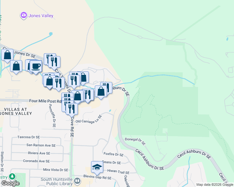 map of restaurants, bars, coffee shops, grocery stores, and more near 2238 Cecil Ashburn Drive Southeast in Huntsville
