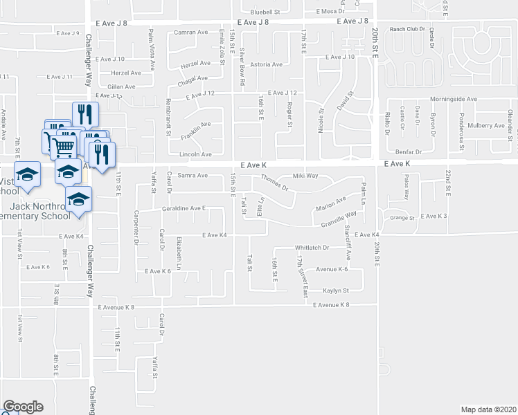 map of restaurants, bars, coffee shops, grocery stores, and more near Elite Lane in Lancaster