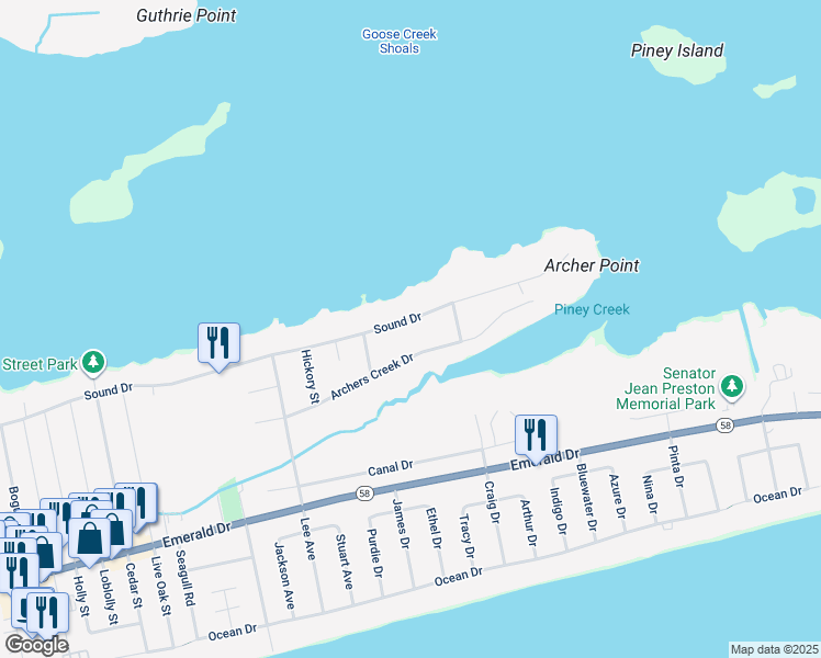 map of restaurants, bars, coffee shops, grocery stores, and more near 7211 Sound Drive in Emerald Isle