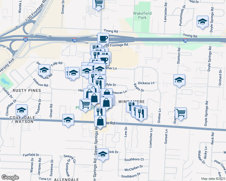 map of restaurants, bars, coffee shops, grocery stores, and more near 5719 Chaucer Lane in Little Rock