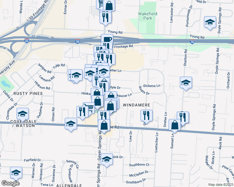 map of restaurants, bars, coffee shops, grocery stores, and more near 5719 Chaucer Lane in Little Rock