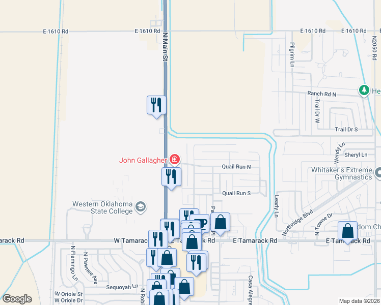 map of restaurants, bars, coffee shops, grocery stores, and more near 224 Pheasant Circle in Altus