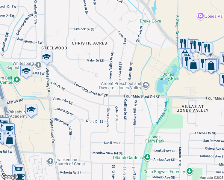 map of restaurants, bars, coffee shops, grocery stores, and more near 7117 Jones Valley Drive Southeast in Huntsville