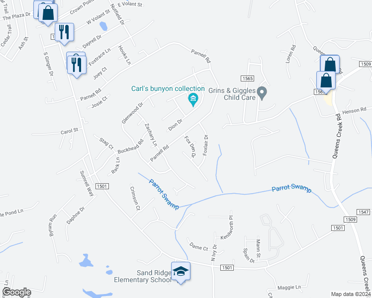 map of restaurants, bars, coffee shops, grocery stores, and more near 203 Gray Fox Run in Hubert