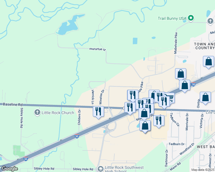 map of restaurants, bars, coffee shops, grocery stores, and more near 8611 Winston Drive in Little Rock