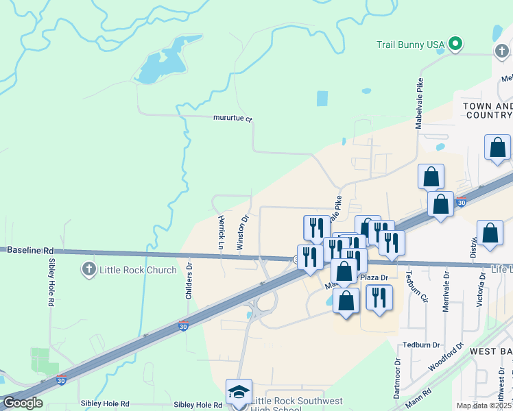 map of restaurants, bars, coffee shops, grocery stores, and more near 8611 Winston Drive in Little Rock
