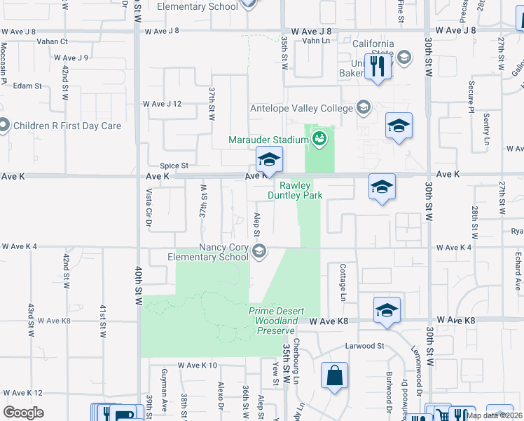 map of restaurants, bars, coffee shops, grocery stores, and more near 43504 Alep Street in Lancaster
