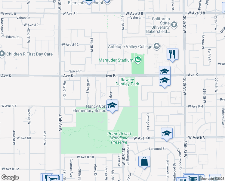 map of restaurants, bars, coffee shops, grocery stores, and more near 43504 Alep Street in Lancaster