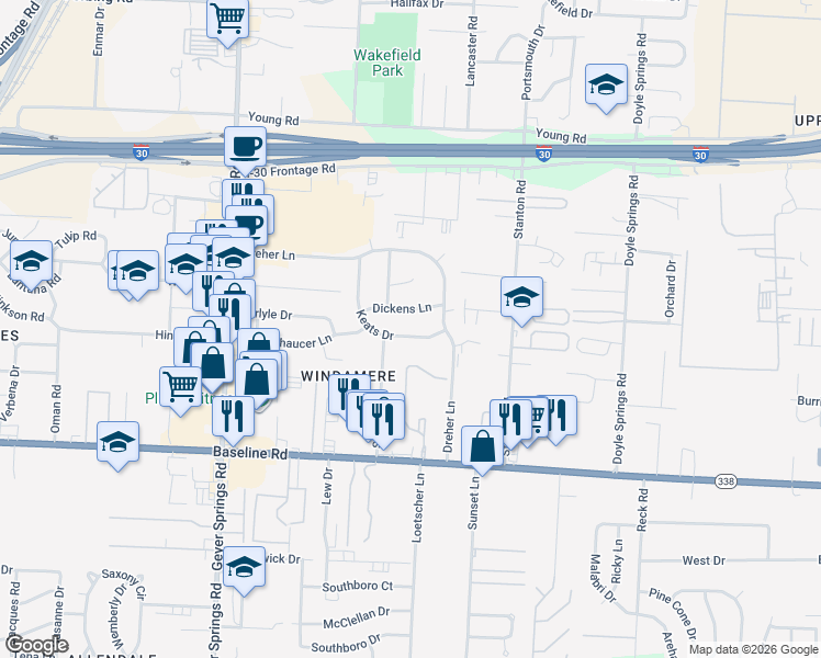 map of restaurants, bars, coffee shops, grocery stores, and more near 5305 Keats Drive in Little Rock