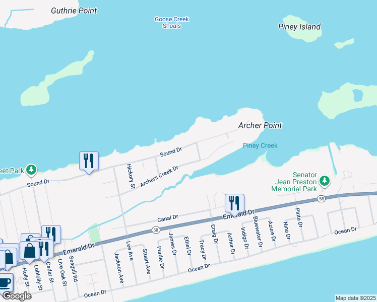 map of restaurants, bars, coffee shops, grocery stores, and more near 7204 Archers Creek Drive in Emerald Isle