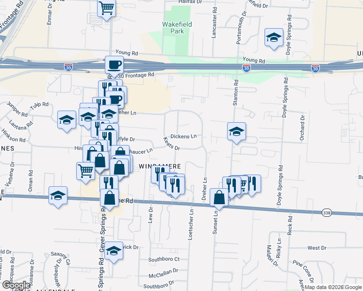 map of restaurants, bars, coffee shops, grocery stores, and more near 5305 Keats Drive in Little Rock