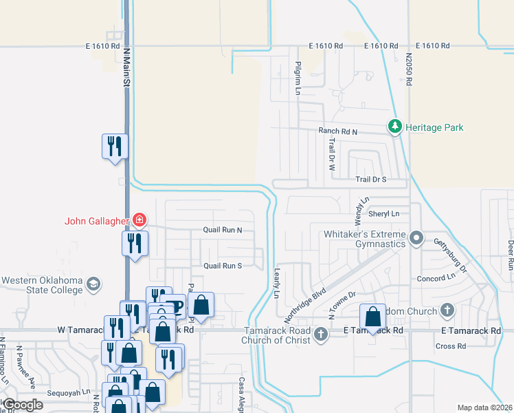 map of restaurants, bars, coffee shops, grocery stores, and more near 605 Peacock Lane in Altus
