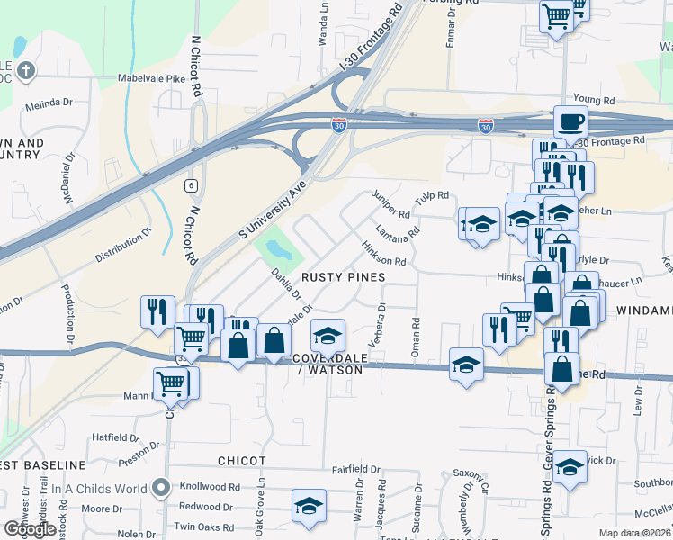 map of restaurants, bars, coffee shops, grocery stores, and more near 6916 Cloverdale Drive in Little Rock