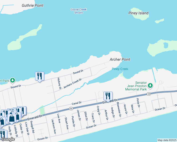 map of restaurants, bars, coffee shops, grocery stores, and more near 407 Piney Street in Emerald Isle