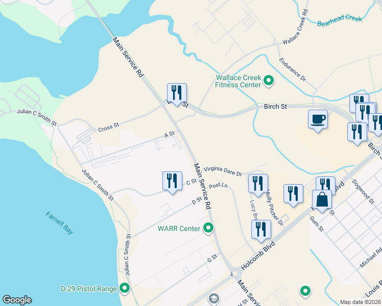 map of restaurants, bars, coffee shops, grocery stores, and more near 67 McHugh Boulevard in Camp Lejeune