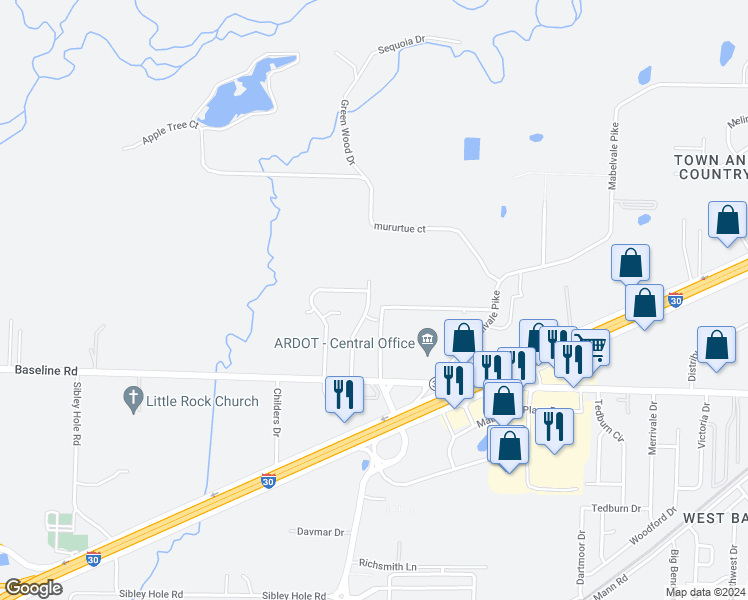 map of restaurants, bars, coffee shops, grocery stores, and more near 8519 Winston Drive in Little Rock