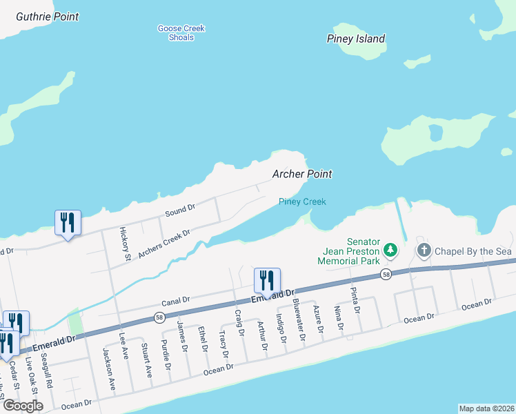 map of restaurants, bars, coffee shops, grocery stores, and more near 7075-7201 Archers Creek Drive in Emerald Isle