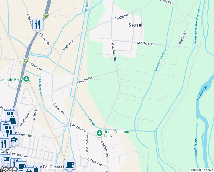 map of restaurants, bars, coffee shops, grocery stores, and more near 907 Gabaldon Road in Belen