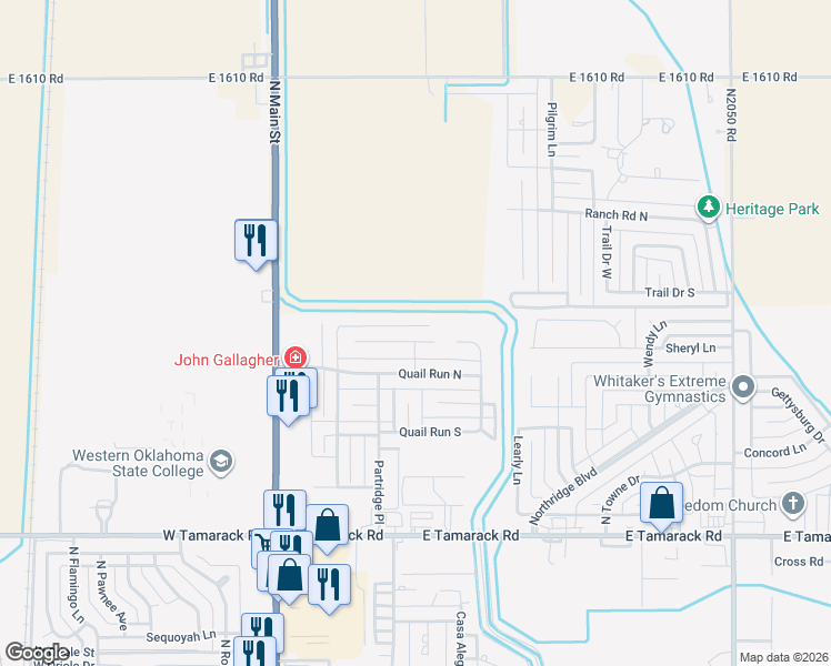 map of restaurants, bars, coffee shops, grocery stores, and more near 412 Pheasant Circle in Altus