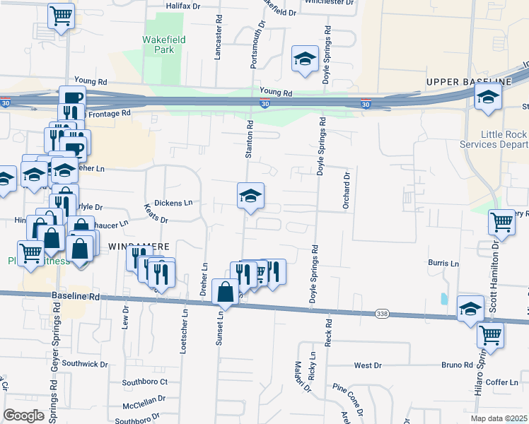 map of restaurants, bars, coffee shops, grocery stores, and more near 8301 Stanton Road in Little Rock