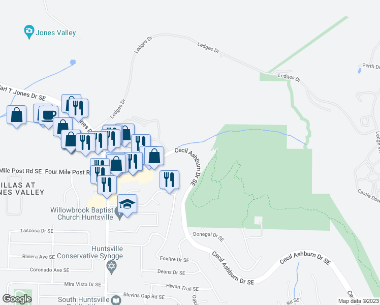 map of restaurants, bars, coffee shops, grocery stores, and more near 2379 Cecil Ashburn Drive Southeast in Huntsville