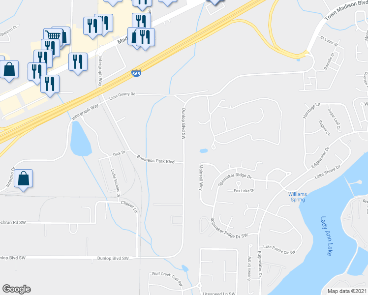 map of restaurants, bars, coffee shops, grocery stores, and more near Dunlop Boulevard Southwest in Madison