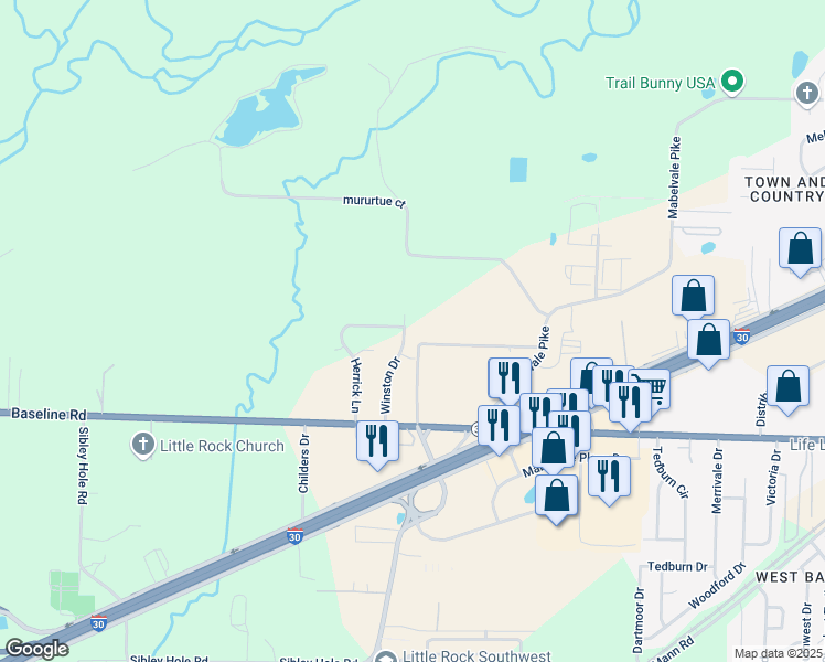map of restaurants, bars, coffee shops, grocery stores, and more near 8501 Winston Drive in Little Rock