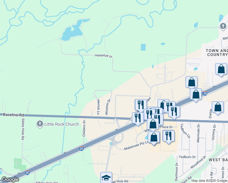 map of restaurants, bars, coffee shops, grocery stores, and more near 8501 Winston Drive in Little Rock