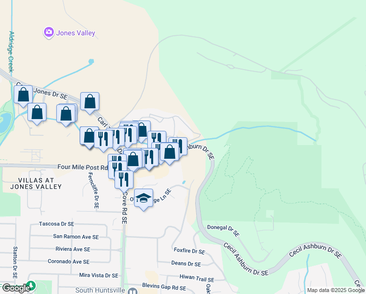 map of restaurants, bars, coffee shops, grocery stores, and more near 2275 Cecil Ashburn Drive Southeast in Huntsville