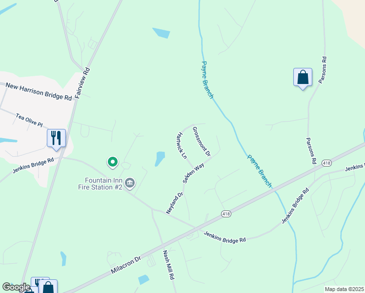 map of restaurants, bars, coffee shops, grocery stores, and more near 124 Hartwick Lane in Fountain Inn