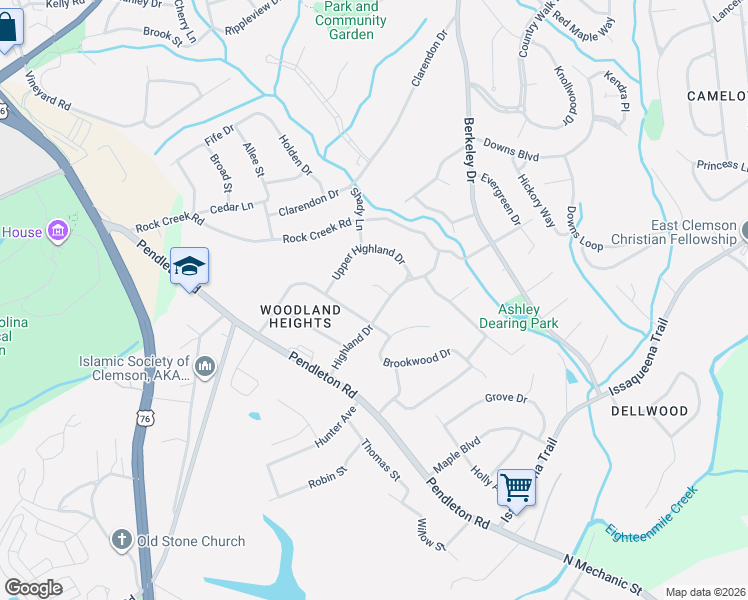 map of restaurants, bars, coffee shops, grocery stores, and more near 110 Evans Place in Clemson