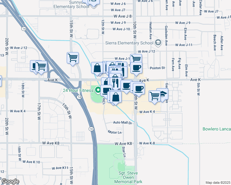 map of restaurants, bars, coffee shops, grocery stores, and more near 1058 West Avenue K in Lancaster
