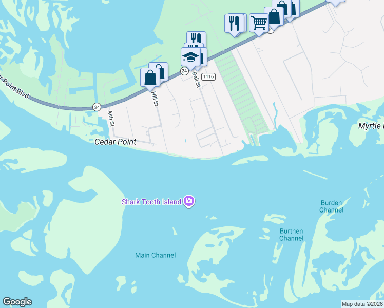 map of restaurants, bars, coffee shops, grocery stores, and more near Leisure Lane in Cedar Point