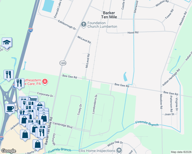 map of restaurants, bars, coffee shops, grocery stores, and more near 355 Bee Gee Road in Lumberton