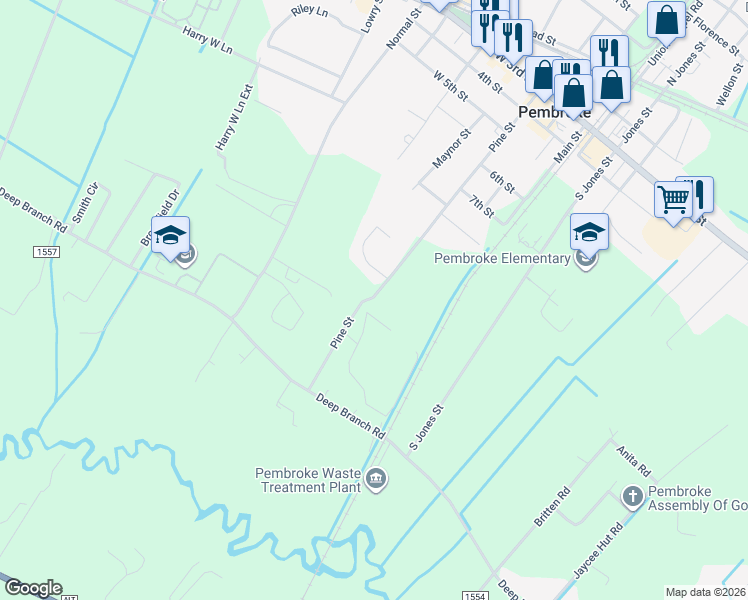 map of restaurants, bars, coffee shops, grocery stores, and more near 606 Lumbee Street in Pembroke