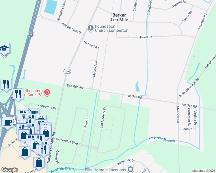 map of restaurants, bars, coffee shops, grocery stores, and more near 355 Bee Gee Road in Lumberton