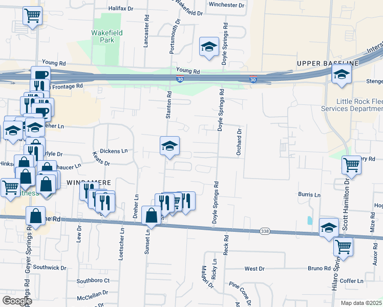 map of restaurants, bars, coffee shops, grocery stores, and more near 10 Larry Circle in Little Rock