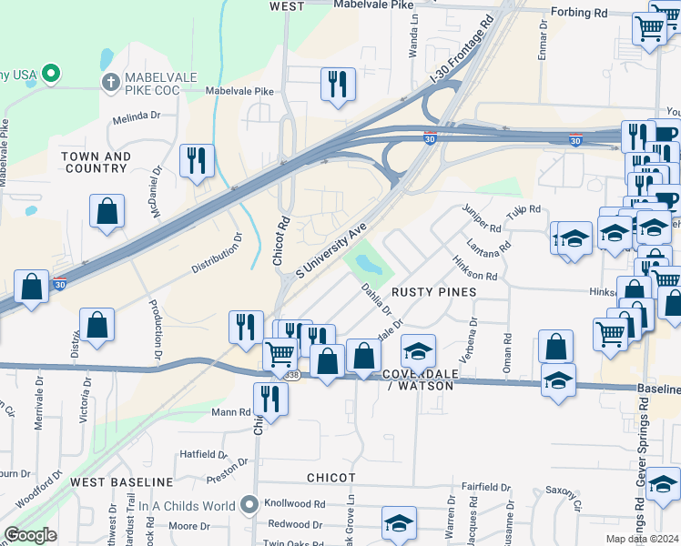 map of restaurants, bars, coffee shops, grocery stores, and more near 7308 Dahlia Drive in Little Rock