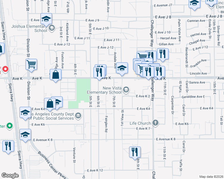 map of restaurants, bars, coffee shops, grocery stores, and more near 43517 7th Street East in Lancaster