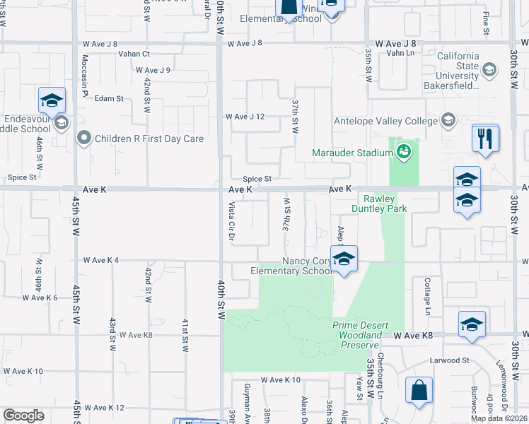map of restaurants, bars, coffee shops, grocery stores, and more near 43521 Sierra Vista Drive in Lancaster